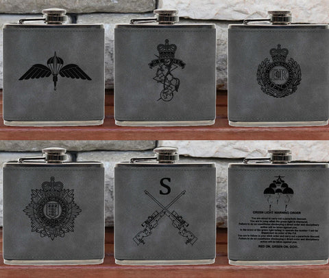 Engraved / Personalised Hipflask 6oz Grey / Black 2 Tone Leather cover design