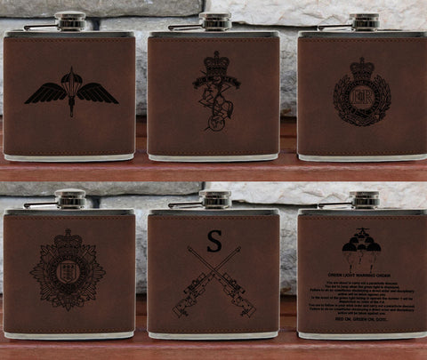 Engraved / Personalised Hipflask 6oz Brown/ Black 2 Tone Leather cover design
