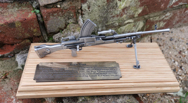Pewter Bren gun on solid light oak wooden plinth. Presentation