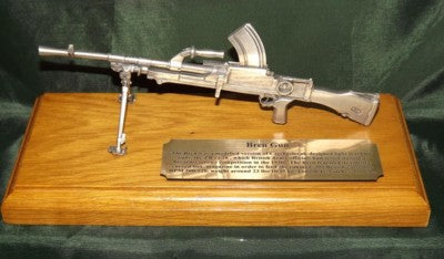 Pewter Bren gun on solid light oak wooden plinth. Presentation