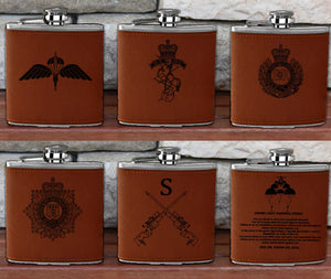 Engraved / Personalised Hipflask 6oz Tan / Black 2 Tone Leather cover design