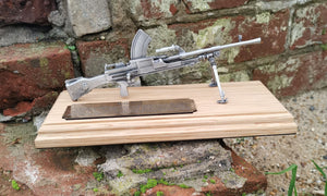 Pewter Bren gun on solid light oak wooden plinth. Presentation